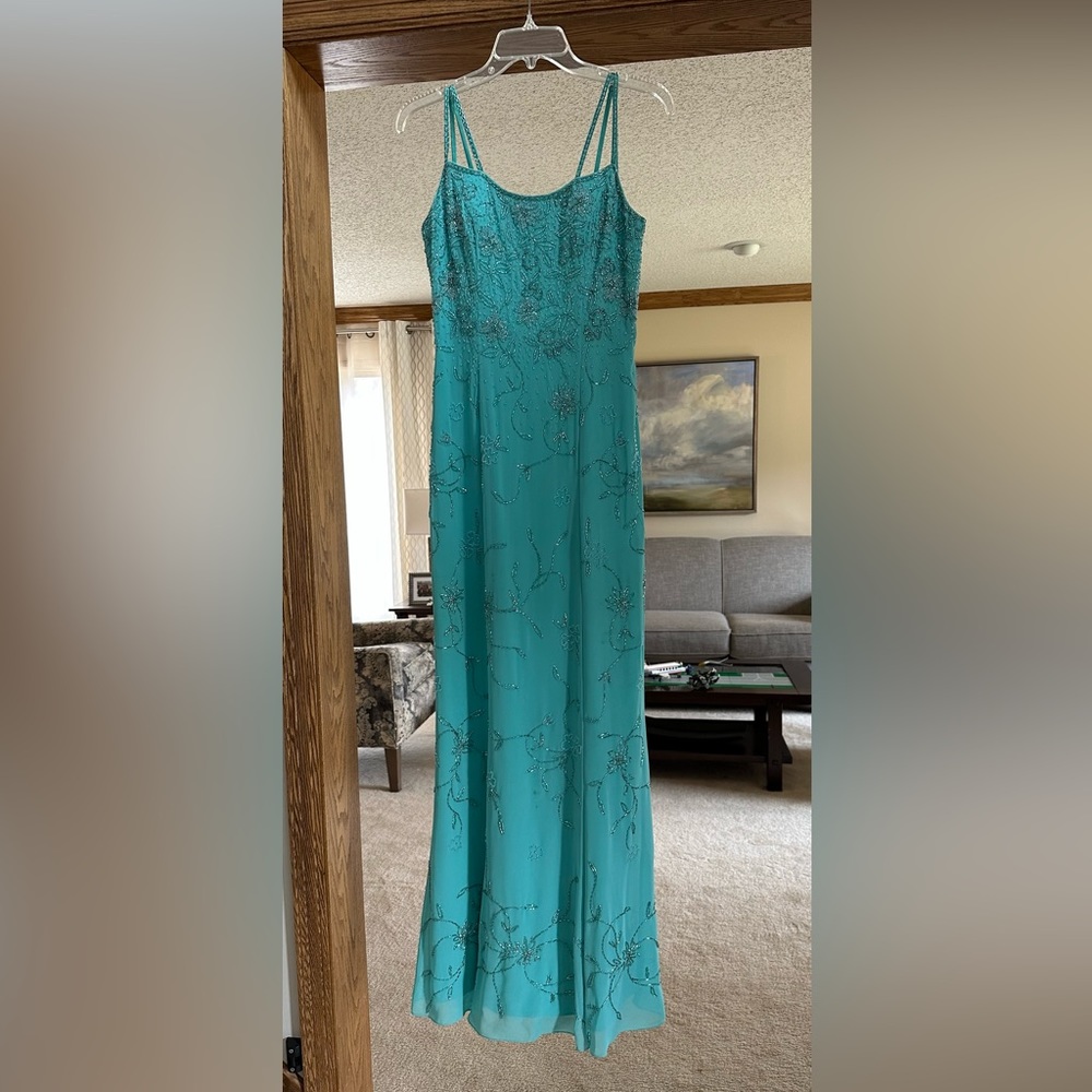 Mint green long beaded dress, size 8